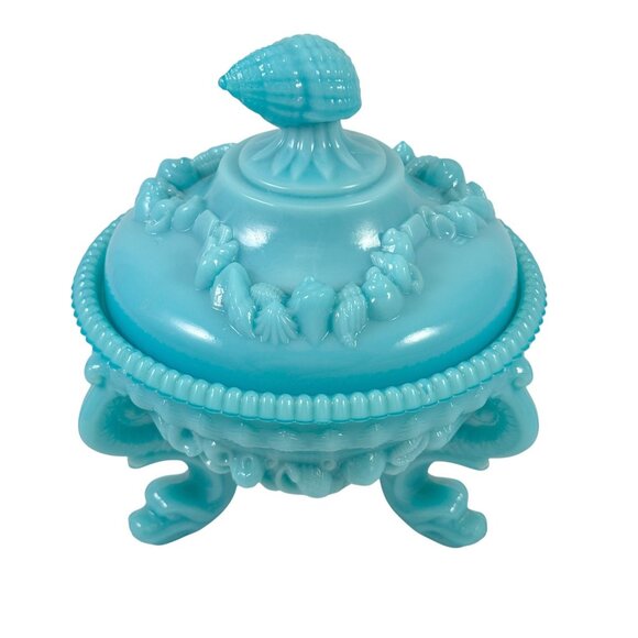 Westmoreland Blue Milk Glass Candy Dish Argonaut Shells Dolphins Vintage 1960s - Picture 8 of 10